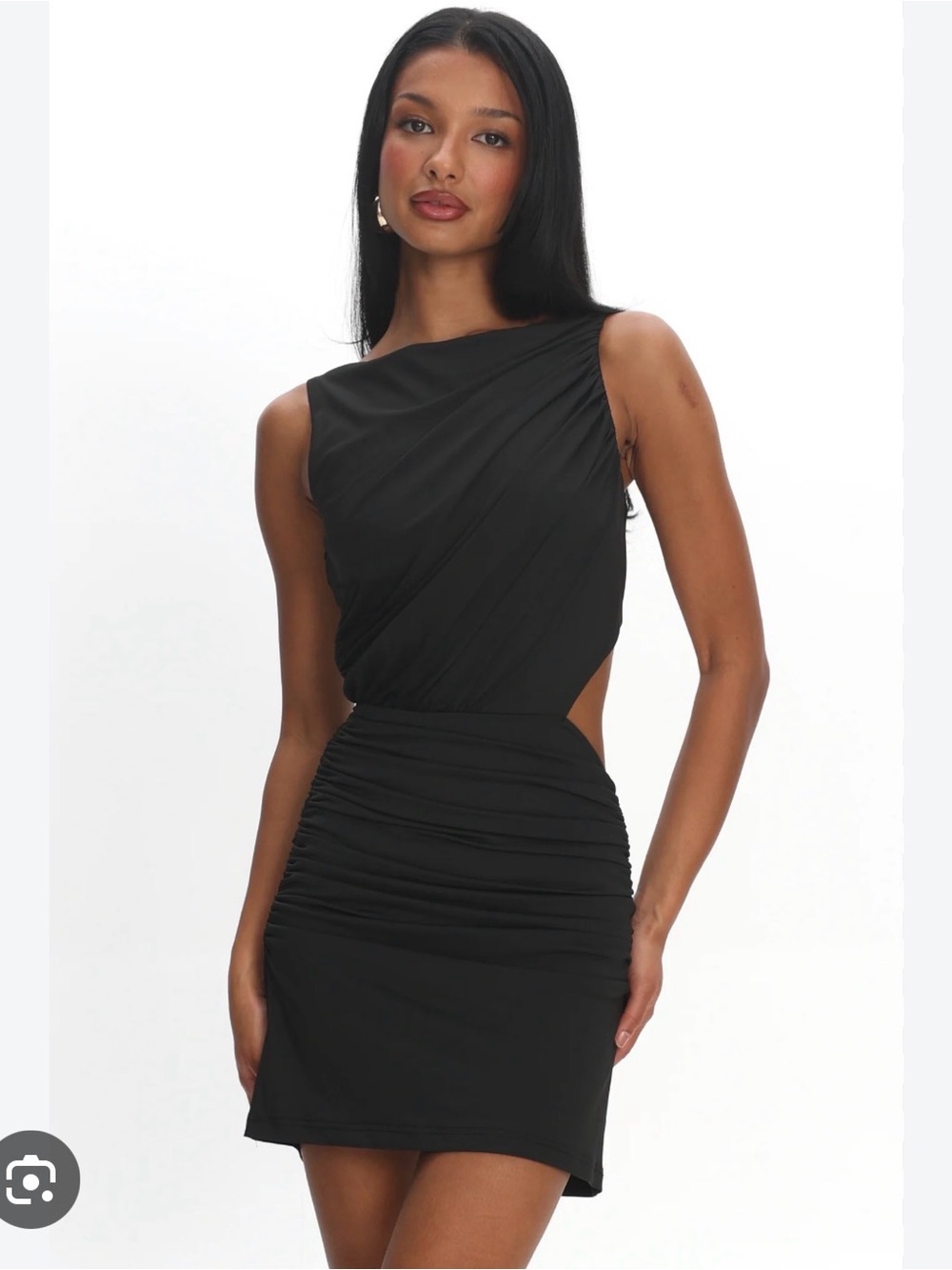 Selfie Leslie Black Asymmetrical Cutout Ruched Mini Dress
